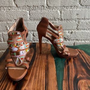 BCBG Tribal Embroidered Strappy Heels